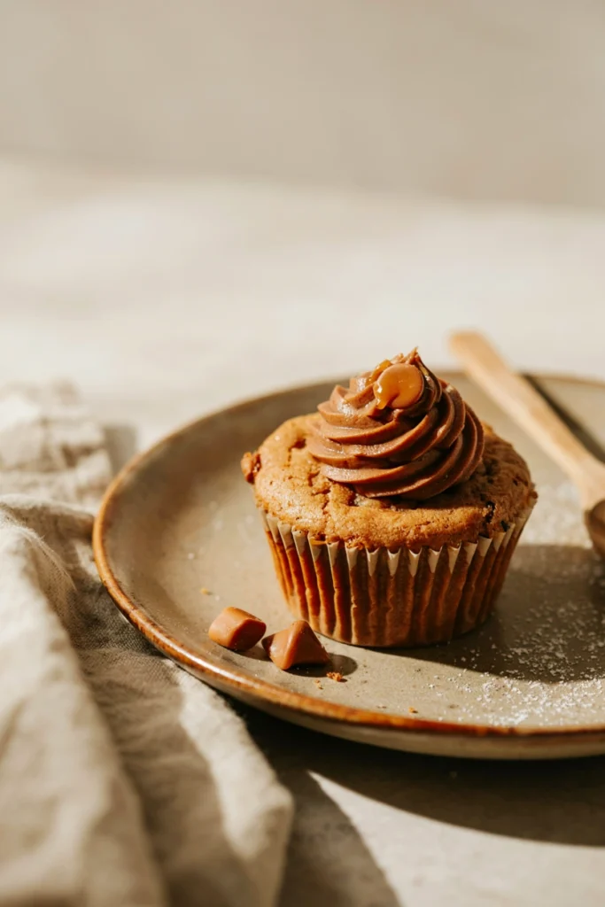 Butterscotch blondie cupcake topped with brown butter frosting and a butterscotch chip