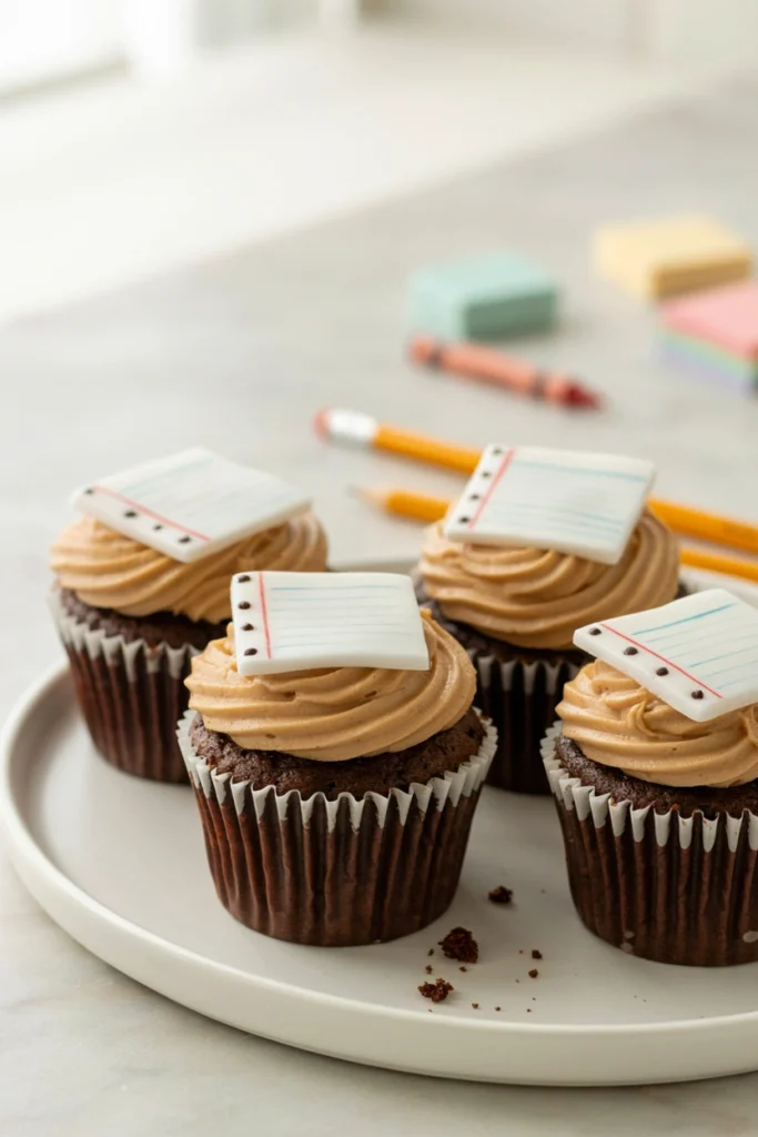 Chocolate peanut butter cupcake topped with a white fondant notebook page featuring ruled lines and binder holes