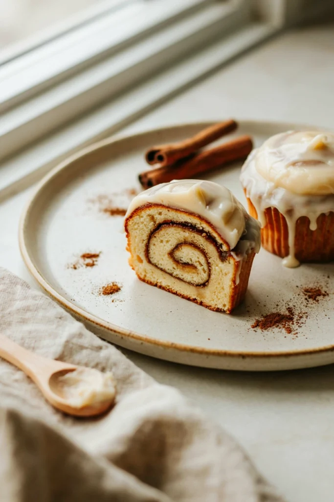 Cinnamon roll cupcake sliced open to show a cinnamon swirl, topped with cream cheese frosting