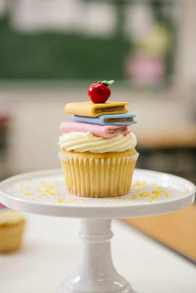 Lemon cupcake topped with three stacked pastel fondant books and a tiny fondant apple on top