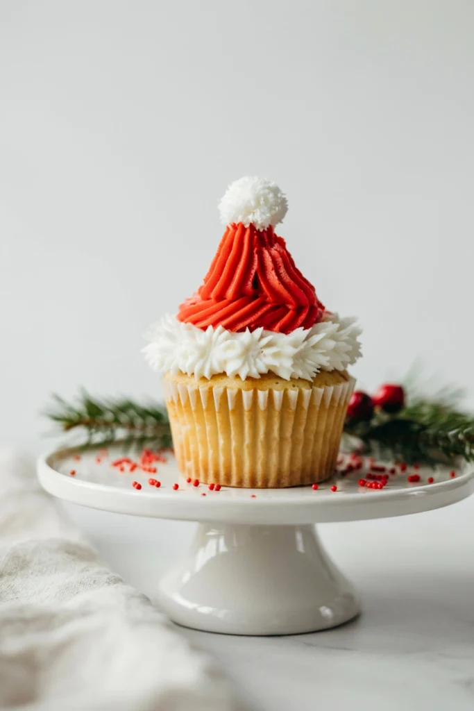 Cupcake topped with a white frosting brim, a red strawberry cone, and a small white pom-pom to look like a Santa hat
