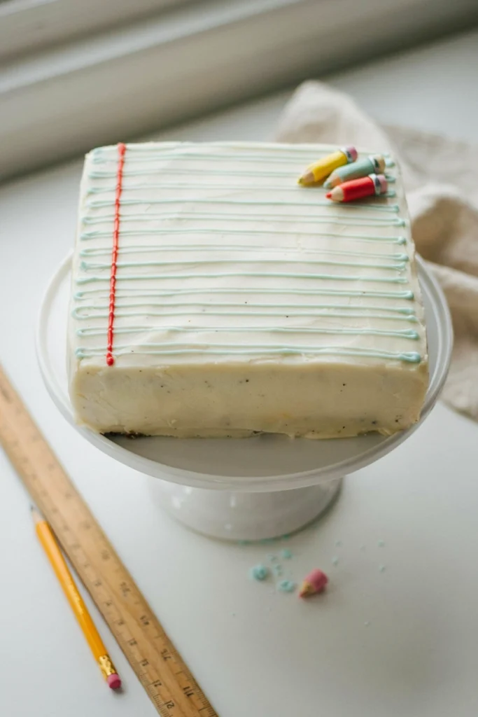 Vanilla bean cake decorated with fondant to look like notebook paper