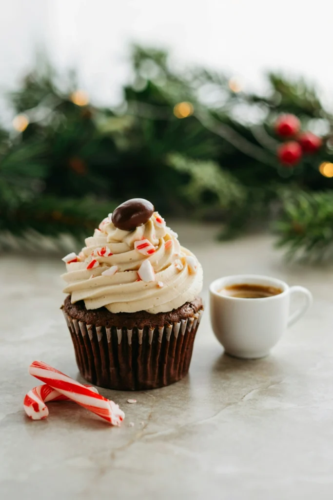 Coffee-brown cupcake topped with swirled coffee buttercream, crushed candy cane, and a chocolate-covered espresso bean