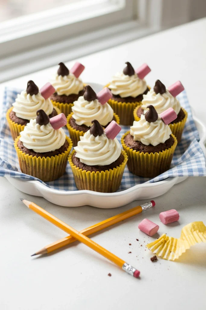 Vanilla cupcake decorated with a tall yellow buttercream pencil shape, pink fondant eraser tip, and chocolate lead point