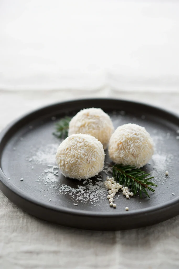 Cupcake completely covered in shredded coconut to look like a snowball, on a dark plate with a dusting of powdered sugar