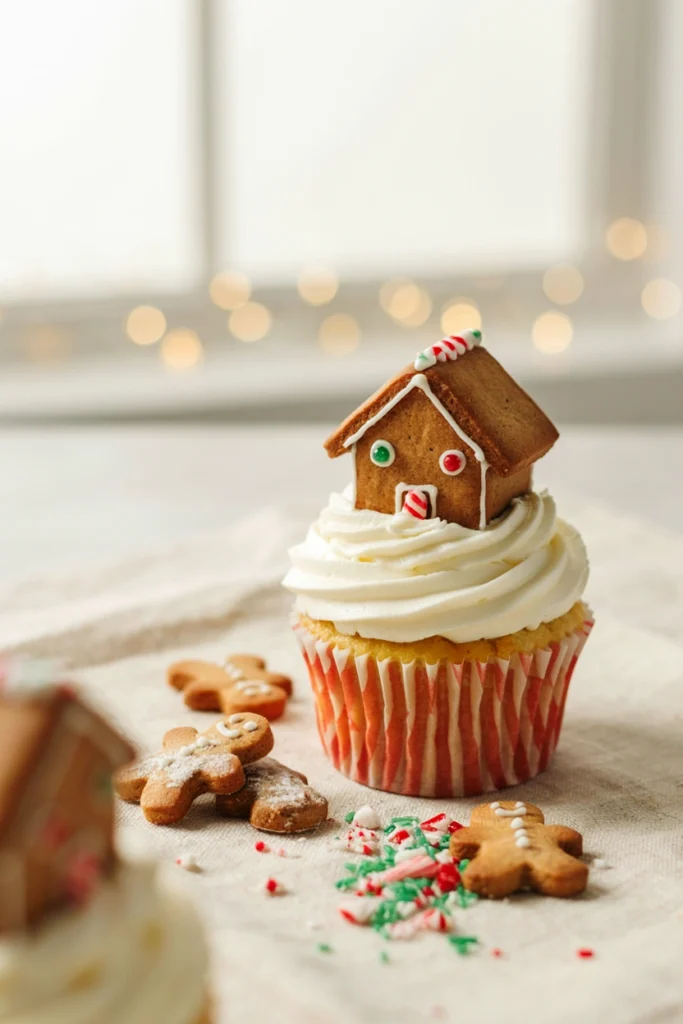 Cupcake with a small graham cracker house structure on top, iced with white royal icing lines and a candy roof
