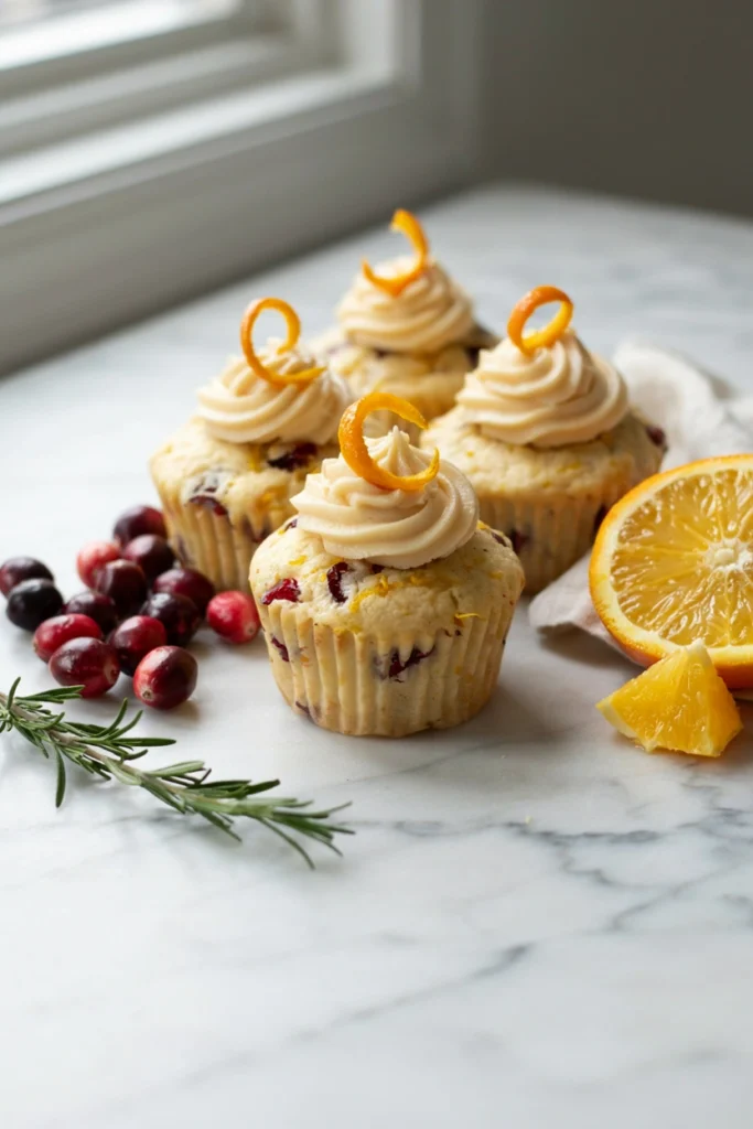 Pale golden cupcake studded with dried cranberry and orange zest, topped with pale orange frosting and candied orange peel