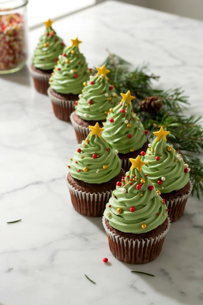 Row of cupcakes topped with green buttercream piped in a cone shape resembling a Christmas tree, with sprinkle ornaments and a yellow star on top