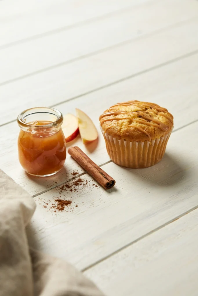 Gluten-free cinnamon applesauce cupcake with a cinnamon glaze drizzle
