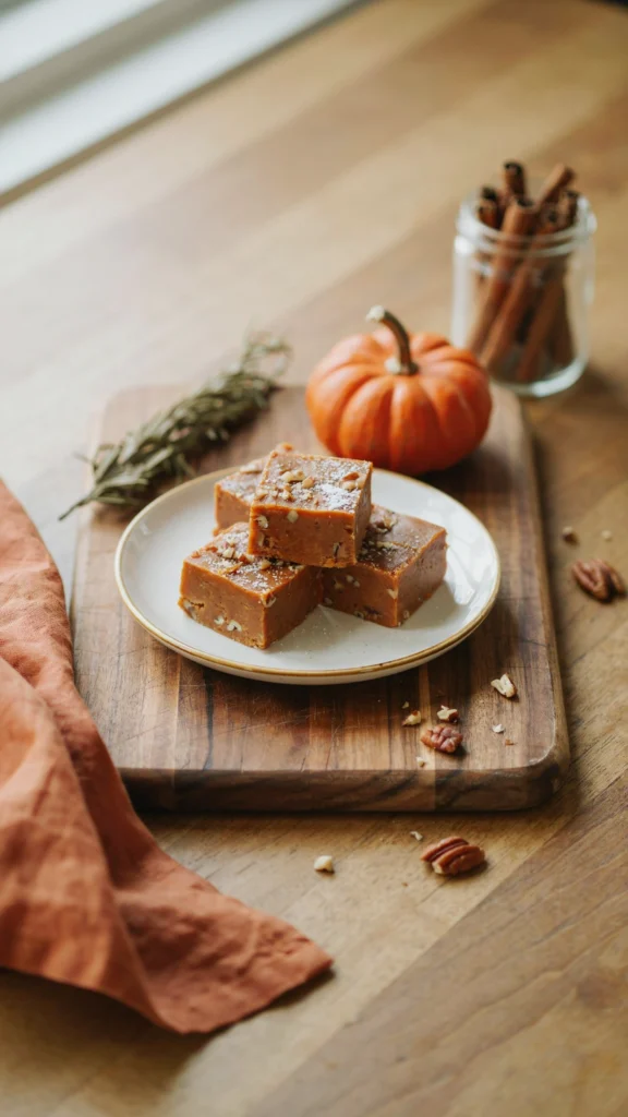 Stack of creamy pumpkin fudge squares topped with toasted pecans