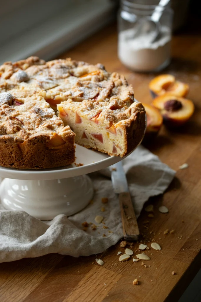 Sliced almond peach buckle cake on a cake stand with a craggy streusel crust
