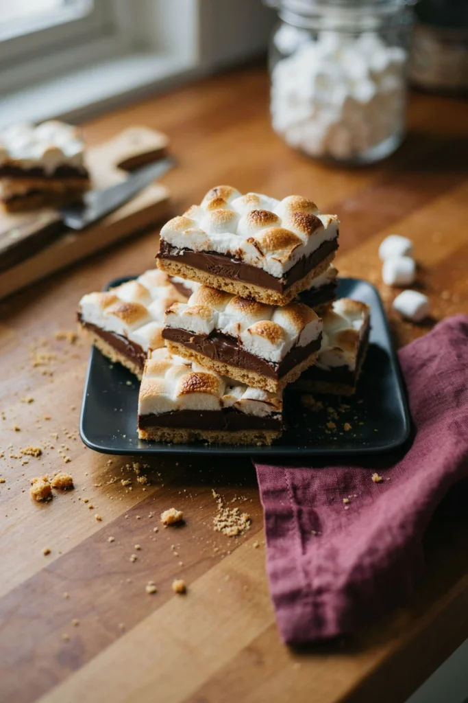 Layered graham cracker, chocolate, and toasted marshmallow bars cut into squares