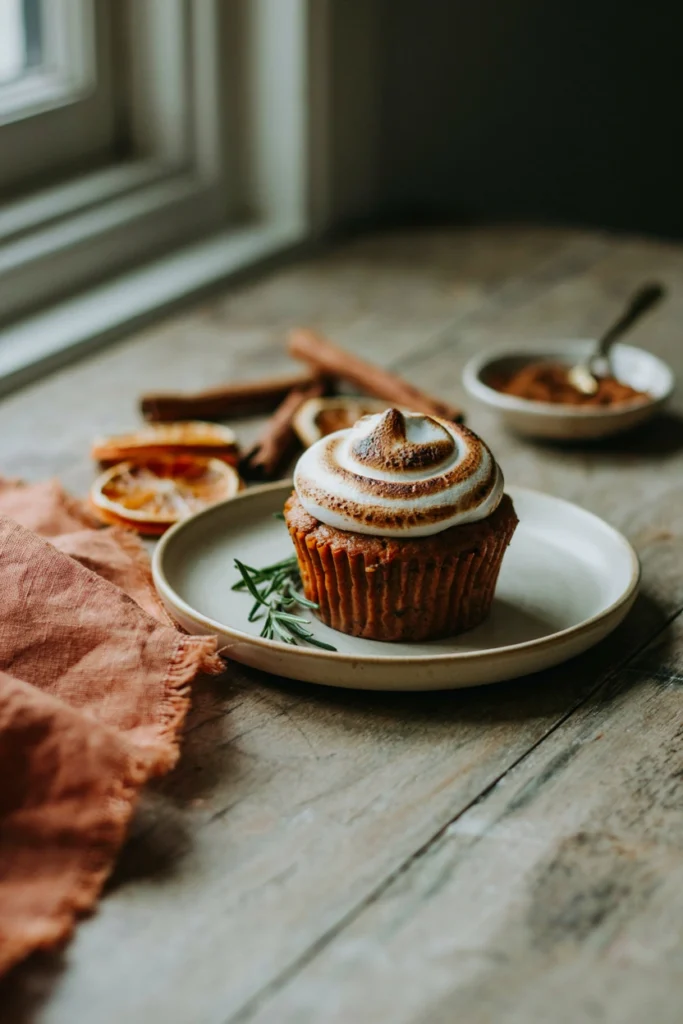 Sweet potato cupcake topped with toasted marshmallow frosting