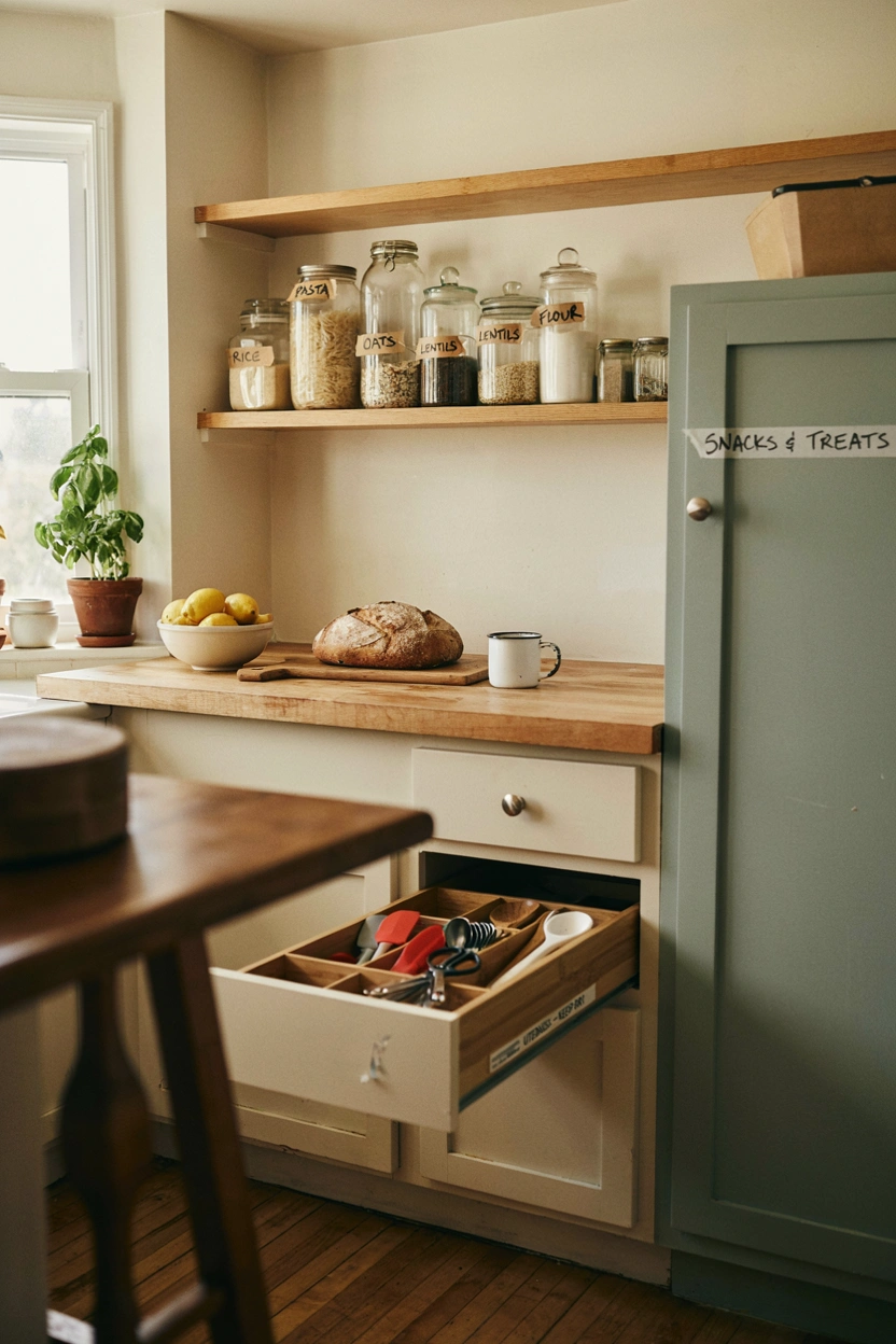 A warm, lived-in kitchen with clear containers on open shelving, a labeled drawer organizer visible, and a handwritten label visible on a cabinet.