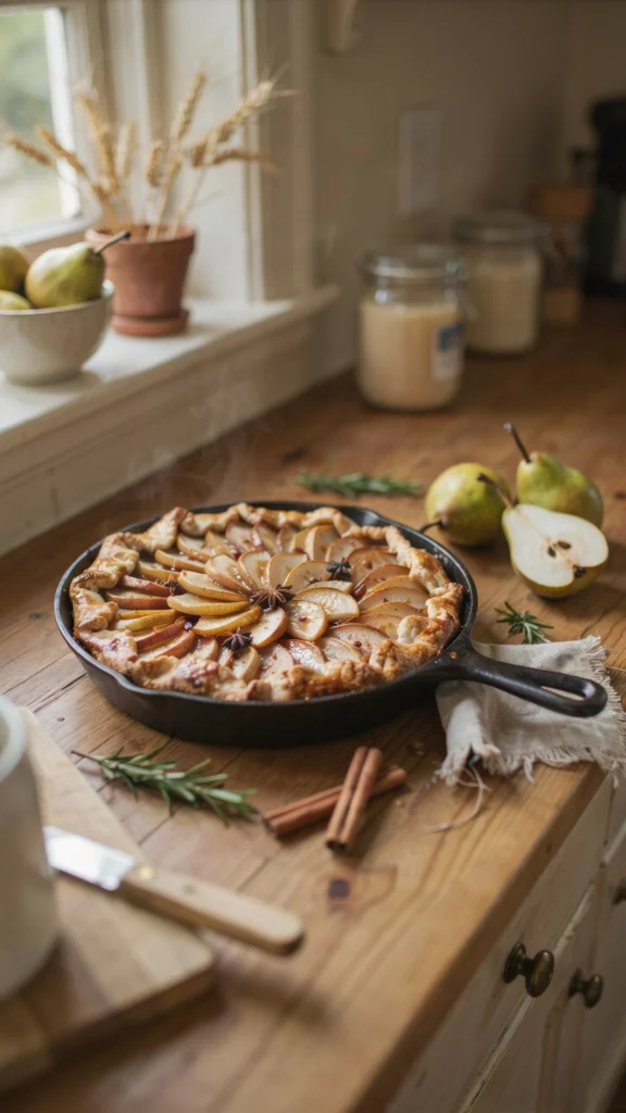 Rustic spiced pear galette with golden folded pastry crust