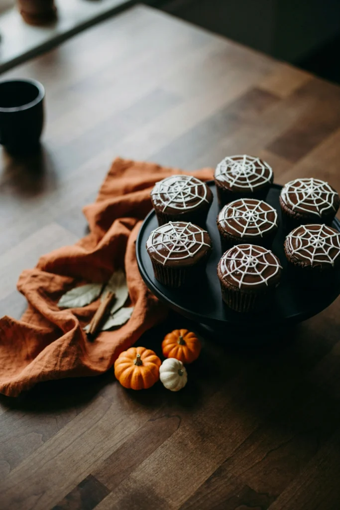 Chocolate cupcakes with white icing spiderwebs piped on top and a plastic spider ring