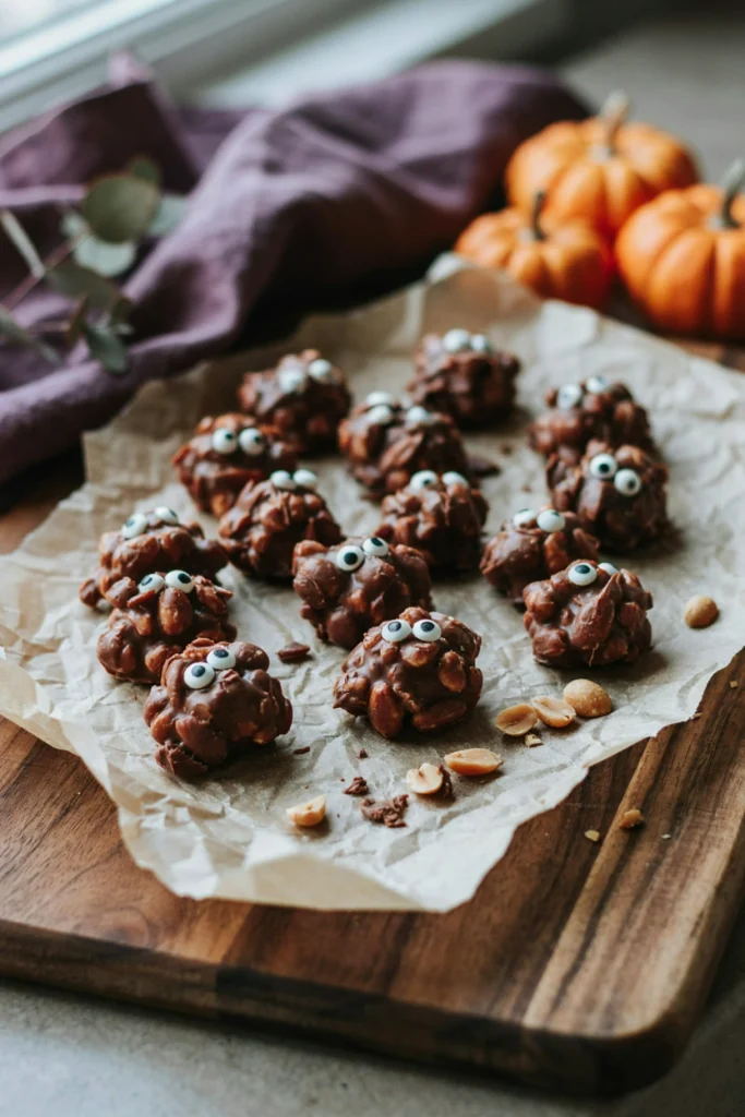 Small chocolate clusters with peanuts and candy eyes on a baking sheet