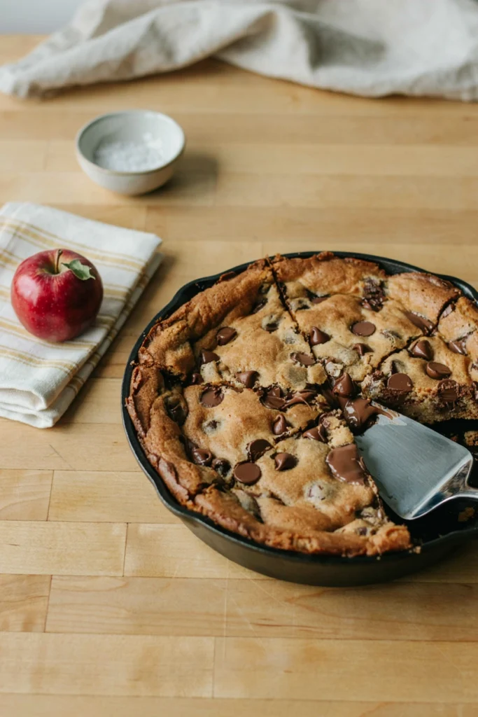Dairy-free chocolate chip cookie cake baked in a cast iron skillet