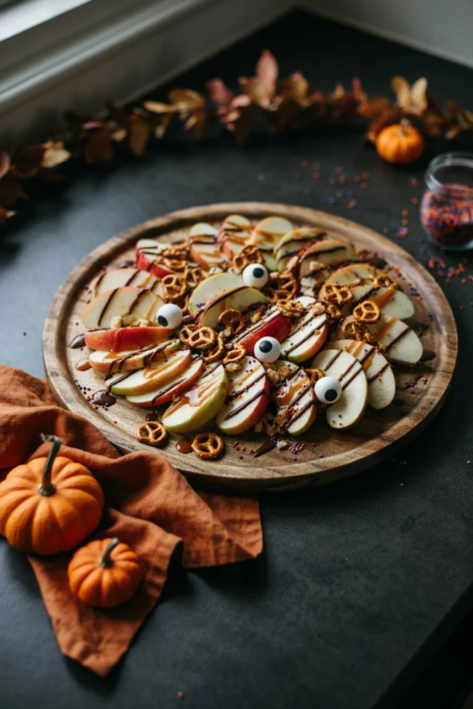Thinly sliced apples drizzled with caramel and chocolate, topped with crushed pretzels and candy eyes