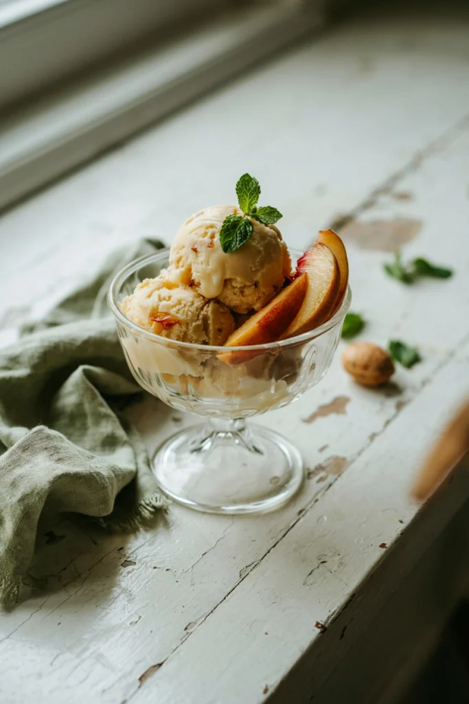 Scoop of fresh peach ice cream in a bowl with peach slices and mint