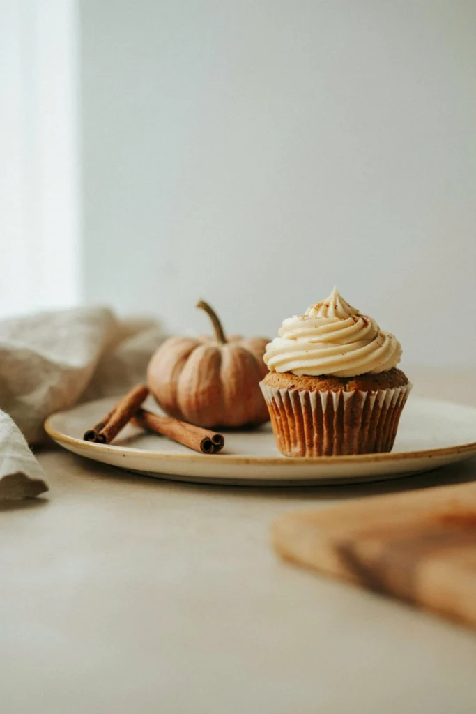 Vegan pumpkin spice cupcake topped with dairy-free frosting swirl