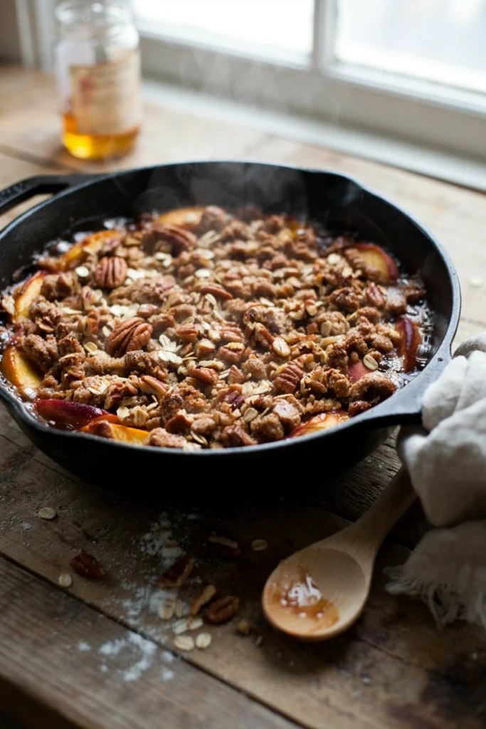 Peach crisp with oat-pecan streusel topping baking in a cast iron skillet