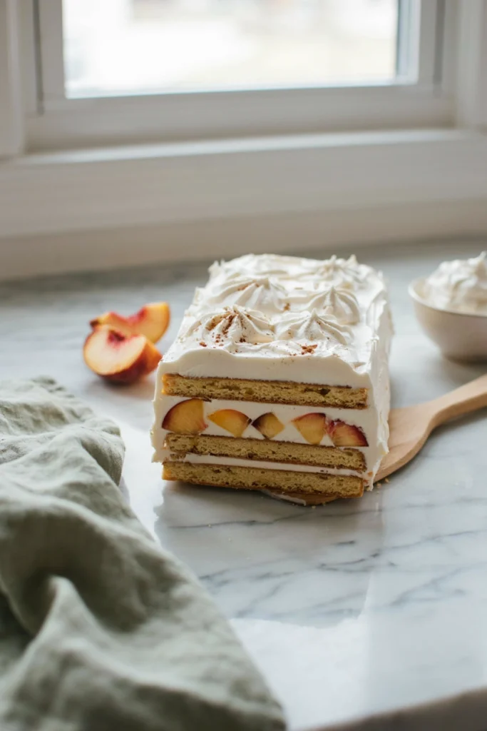 Sliced no-bake peach icebox cake showing layers of vanilla wafers, cream, and peaches