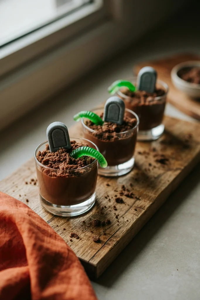 Chocolate pudding cups topped with crushed chocolate cookie dirt and a candy tombstone
