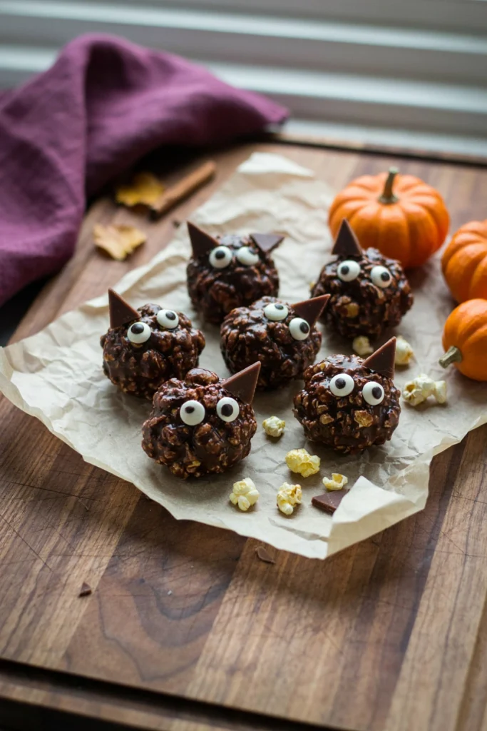 Black cat popcorn balls with candy ears and eyes on parchment paper