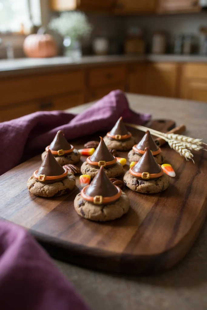 Fudge-striped cookies topped with chocolate kisses and piped orange icing bands styled as witch hats