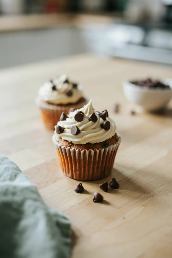 Pumpkin chocolate chip cupcake topped with vanilla buttercream and mini chocolate chips