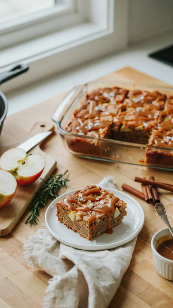 Salted caramel apple snack cake drizzled with caramel on a cake stand