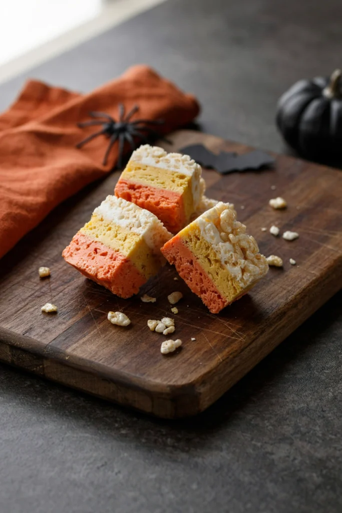 Rice krispie bars in three orange, yellow, and white layers cut into candy corn triangles