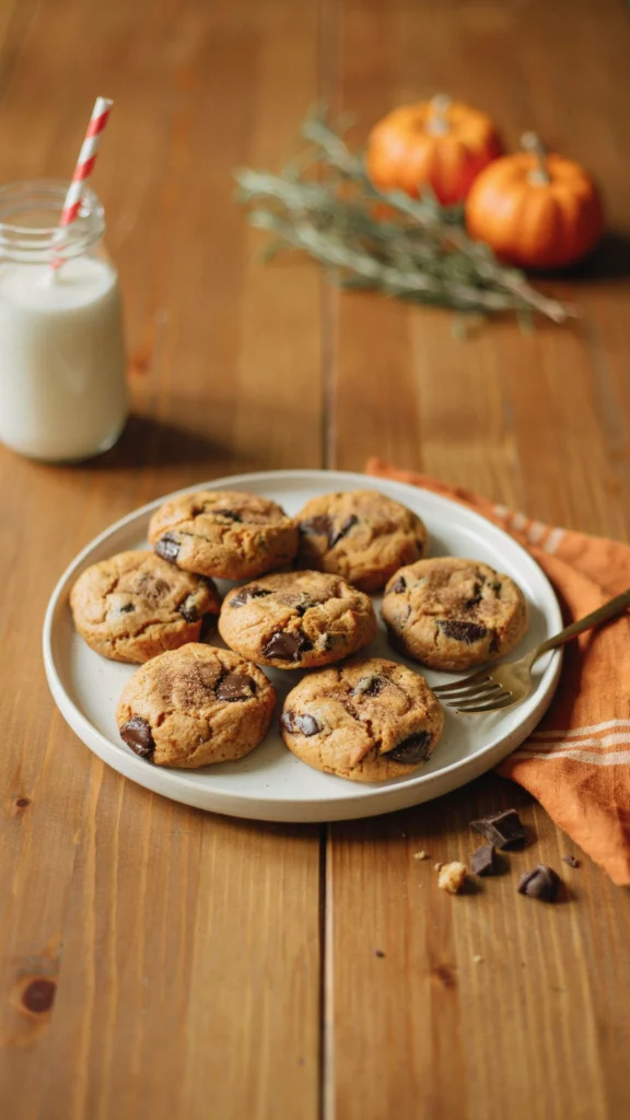 Stack of soft pumpkin chocolate chip cookies with melted chocolate chunks