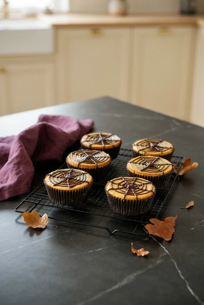 Mini pumpkin cheesecake bites in liners topped with piped chocolate spiderweb designs
