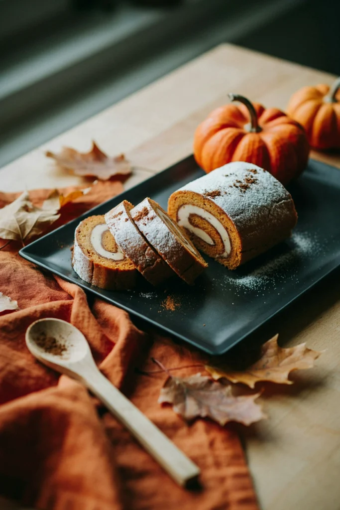 A sliced pumpkin cake roll showing a swirl of cream cheese filling, dusted with powdered sugar