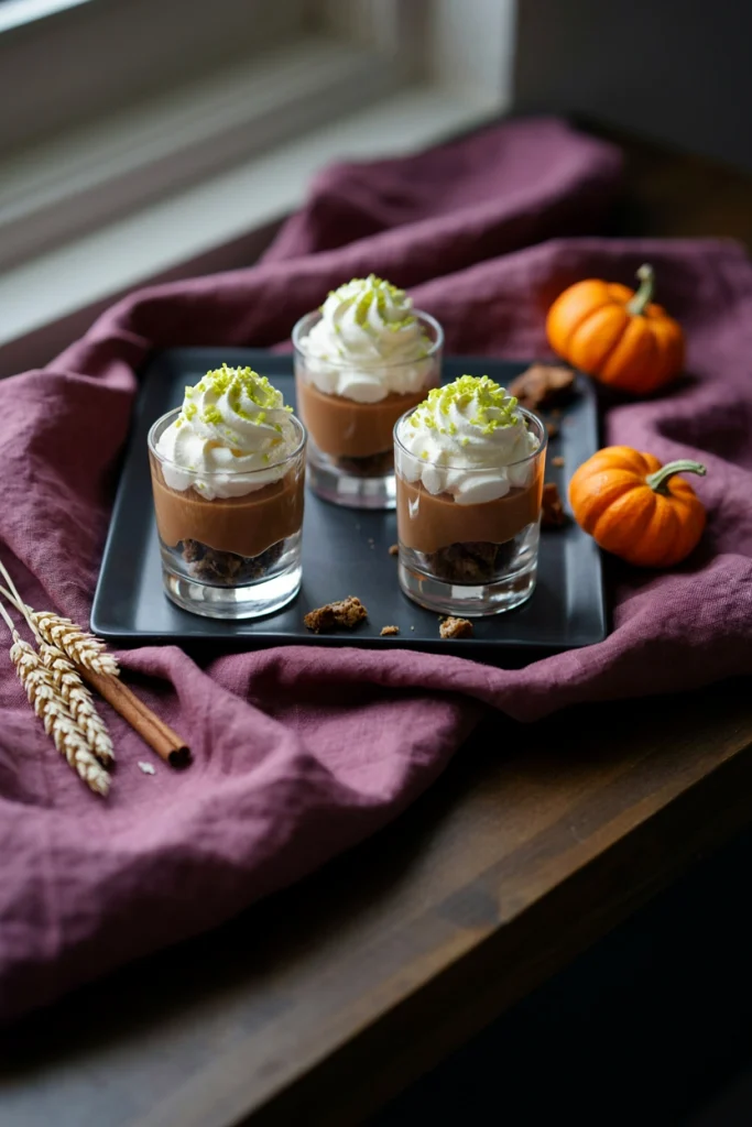 Individual trifle cups layered with brownie chunks, chocolate pudding, and whipped cream, dyed green with dry ice fog styling