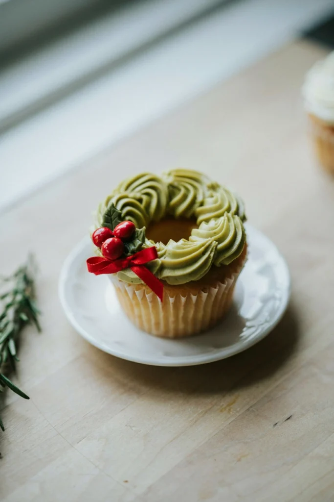 Cupcake topped with green pistachio buttercream piped into a wreath ring, with small red candies as holly berries and a tiny red bow