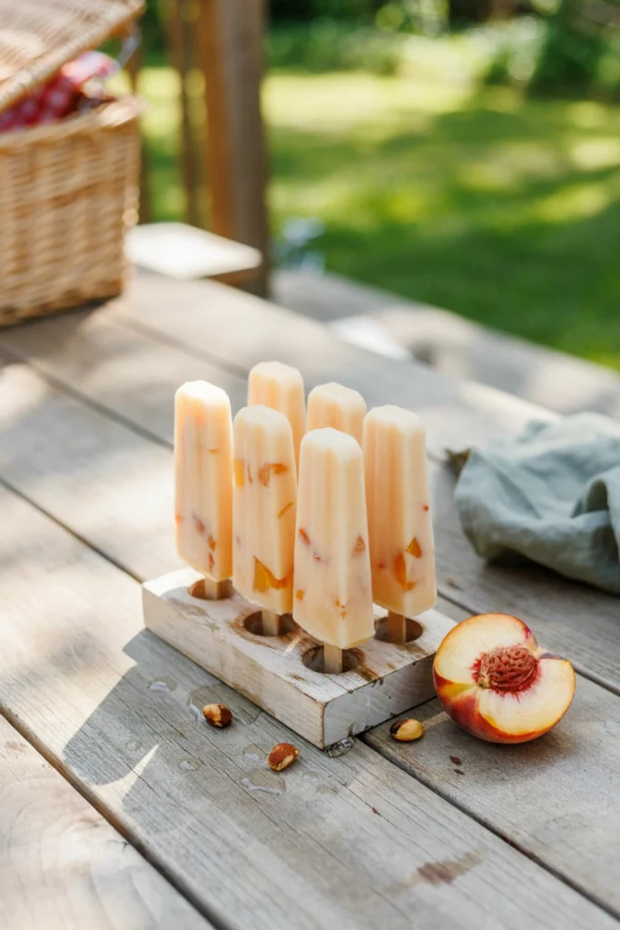 Peaches and cream yogurt popsicles in a wooden popsicle mold stand