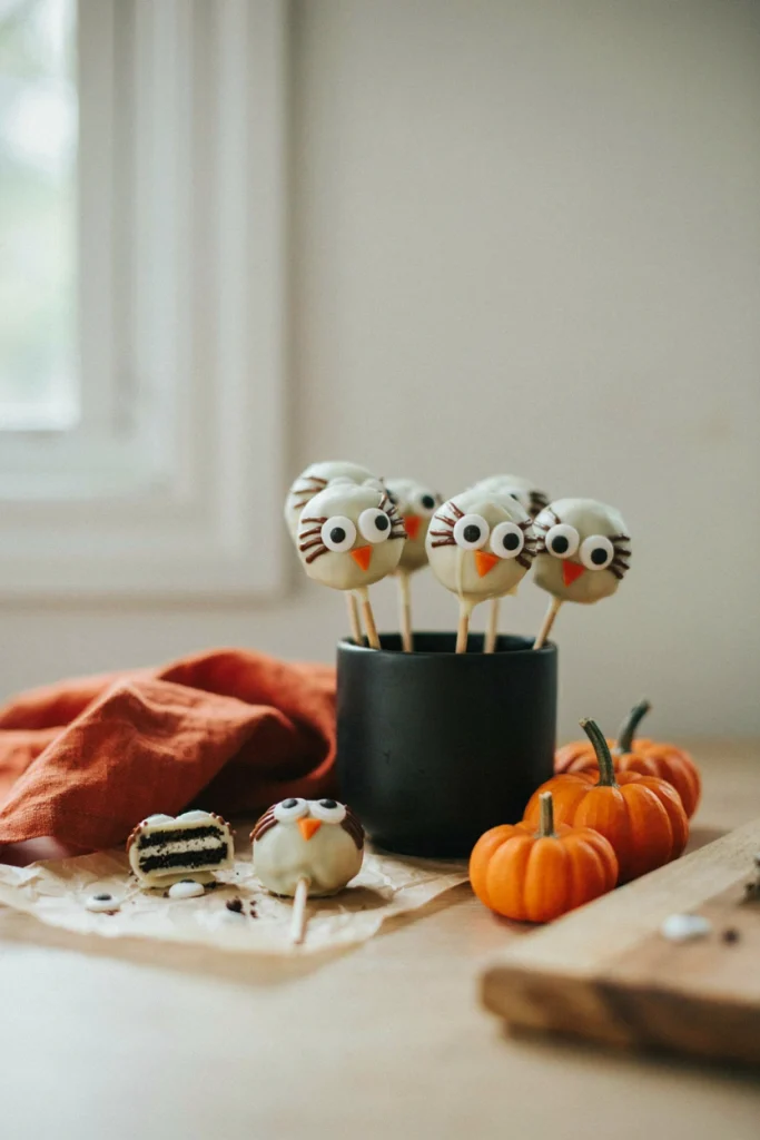 Round Oreo truffle pops decorated as owl faces with candy eyes and a triangle beak, on sticks