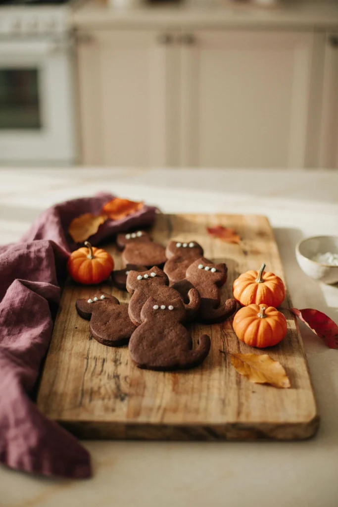 Black chocolate cutout cookies shaped like sitting cats with white icing eyes