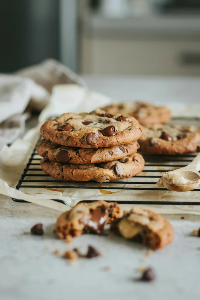 Stack of golden chocolate chip lunchbox cookies cooling on a wire rack with one cookie broken in half