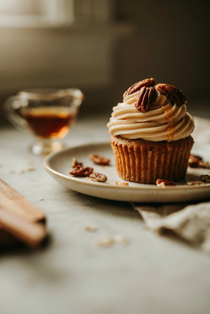 Maple pecan brown butter cupcake topped with toasted pecans and a maple syrup drizzle
