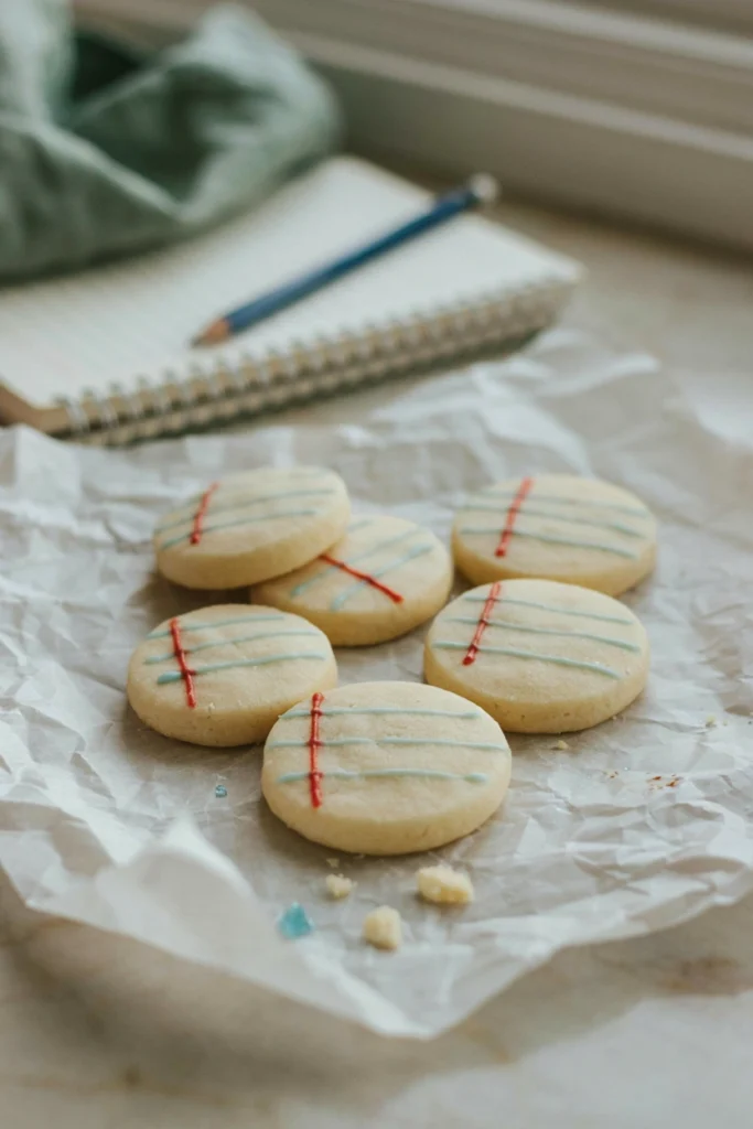 Sliced icebox cookies with a notebook paper design of blue lines and a red margin