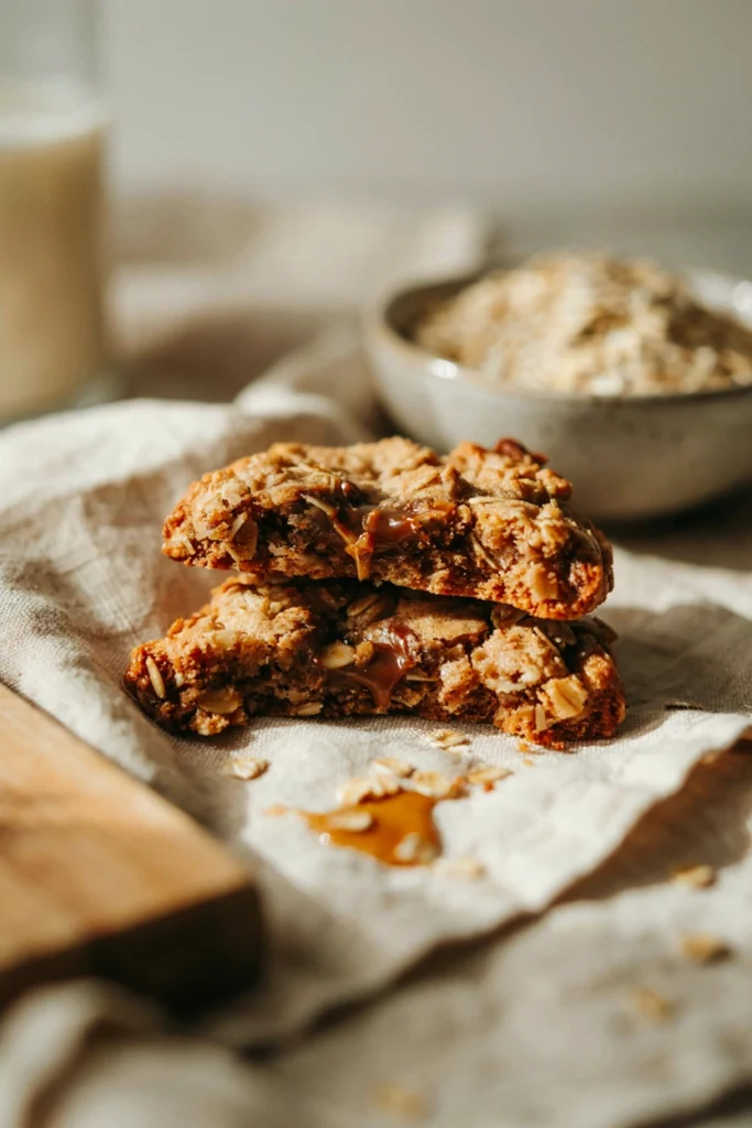 Thick brown butter oatmeal cookie broken open showing a chewy oat-filled center