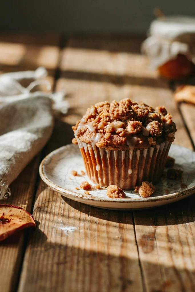 Apple butter cupcake topped with cinnamon streusel and a light glaze drizzle