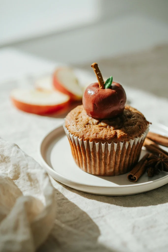 Apple cinnamon cupcake topped with a red buttercream swirl, pretzel stick stem, and green candy leaf