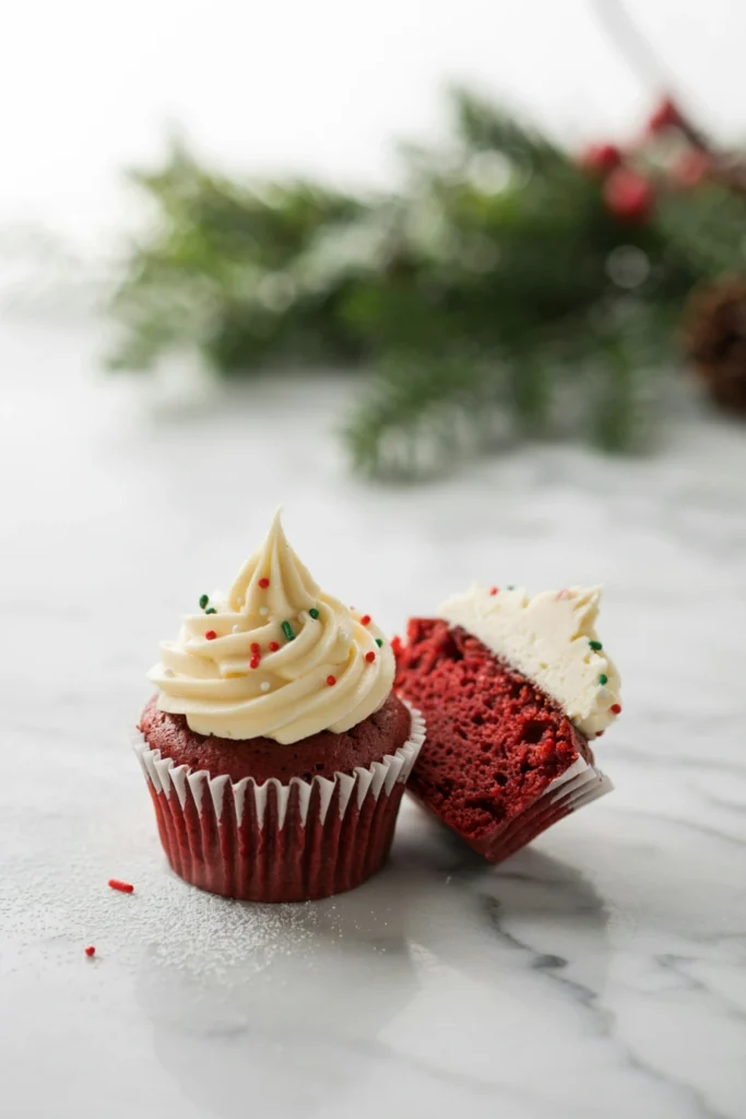 Close-up of a red velvet cupcake with a tall cream cheese frosting swirl, topped with red and green sprinkles, deep red crumb visible