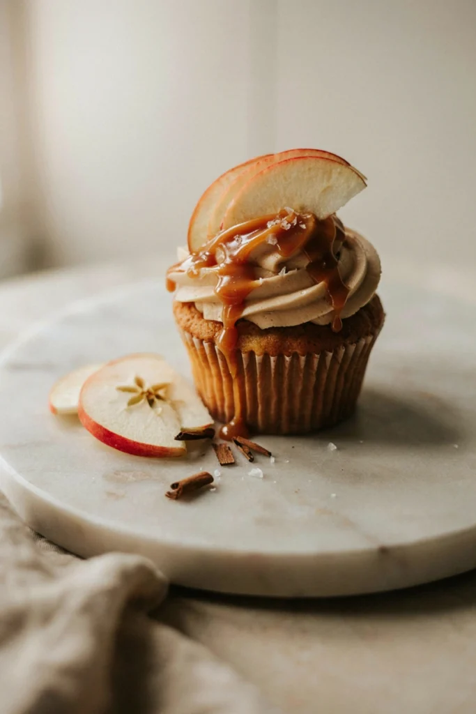 Salted caramel apple cupcake with caramel drizzle, apple slice garnish, and flaky sea salt