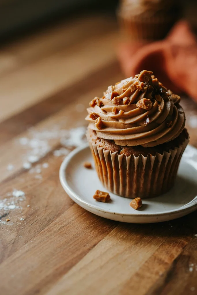 Toffee crunch pumpkin cupcake topped with brown sugar frosting and crushed toffee bits